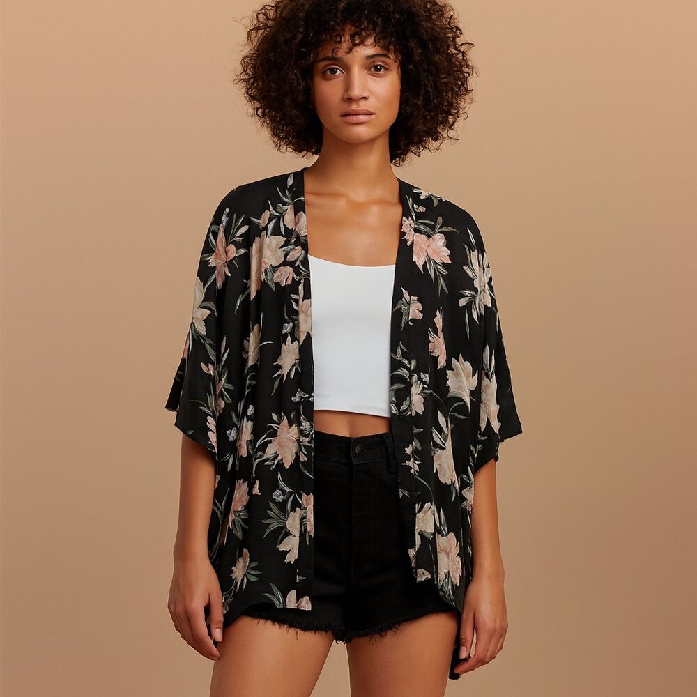 Aritzia Talula Cosima Floral Kimono Cardigan Black Pink Size S Discontinued